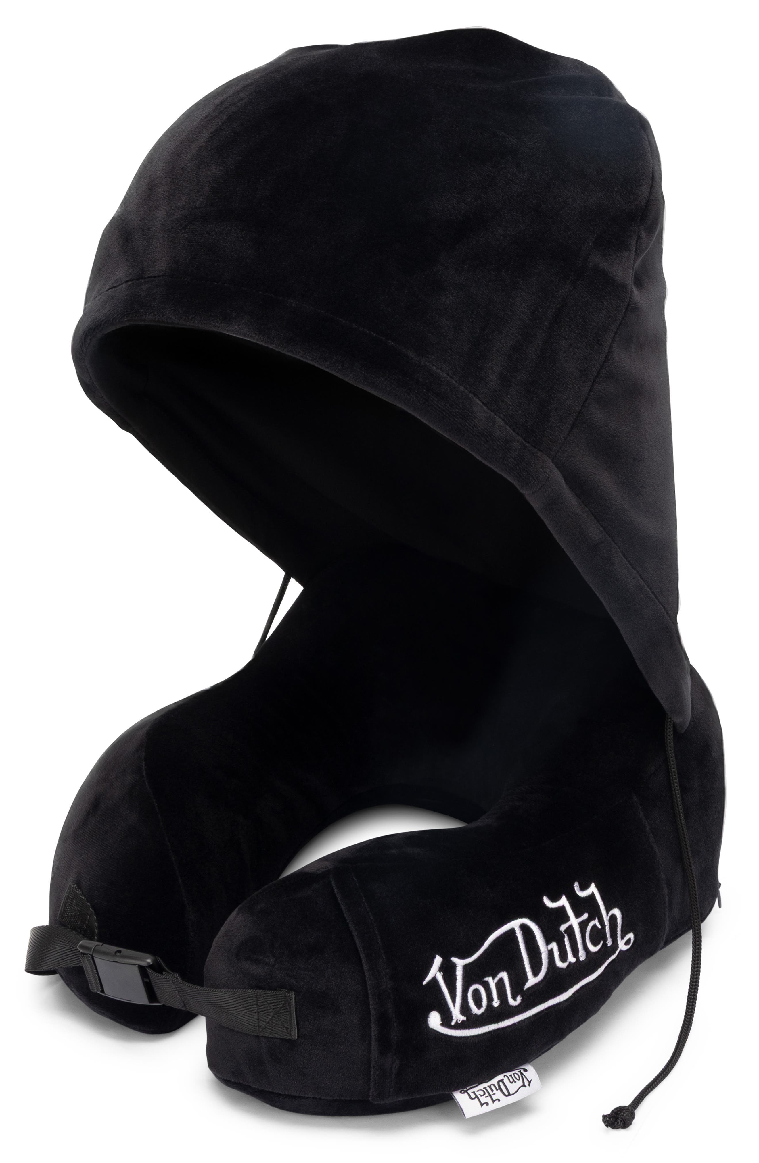 Von Dutch Eyeconic Hooded Ergonomic Memory Foam Travel Neck Pillow, Main, color, Black