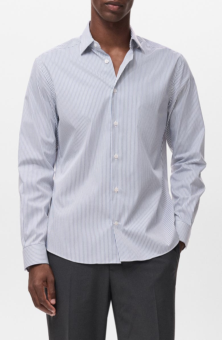 MANGO Regular Fit Stripe Stretch Cotton Blend Button-Up Shirt, Main, color, Navy