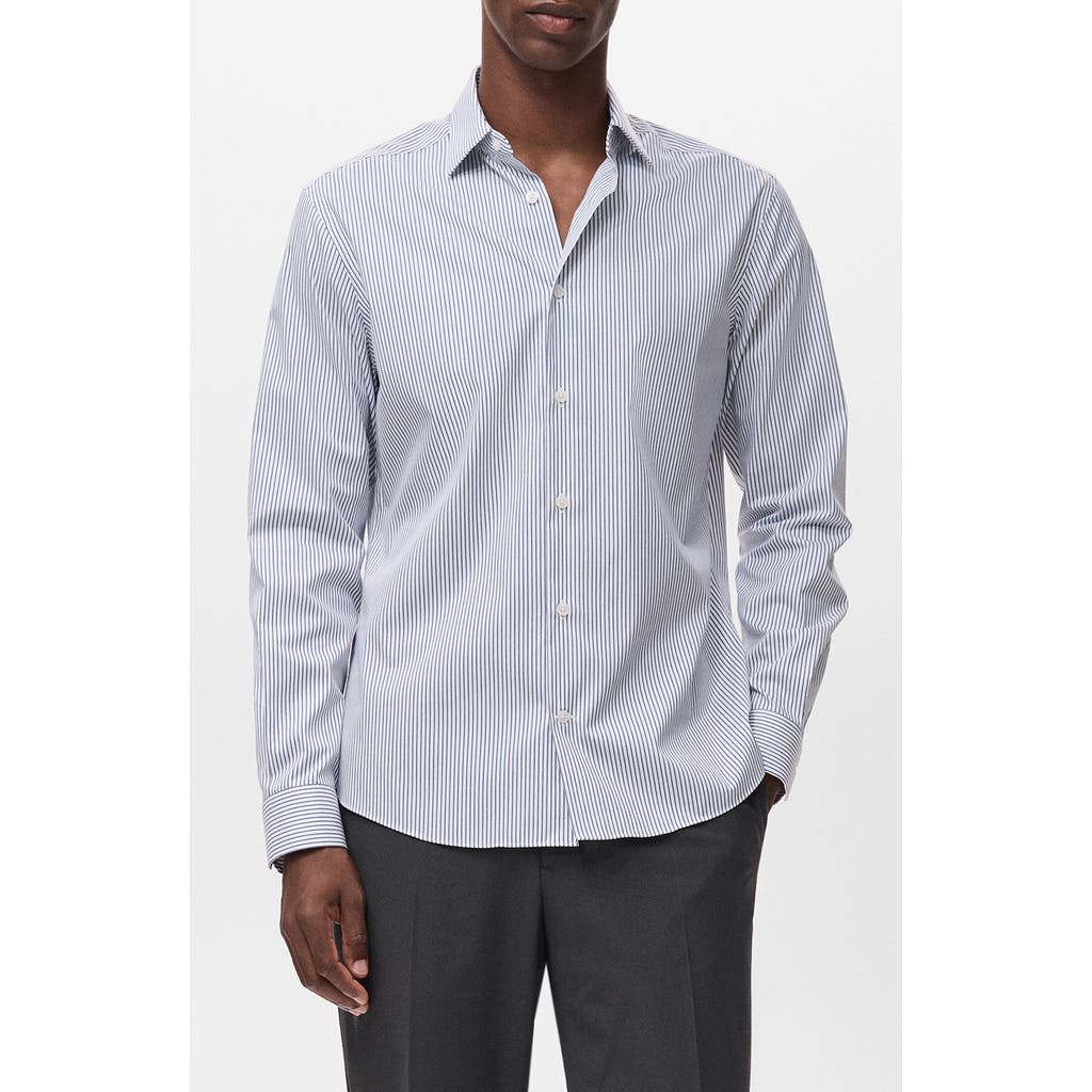 Mango Regular Fit Stripe Stretch Cotton Blend Button-up Shirt In Blue