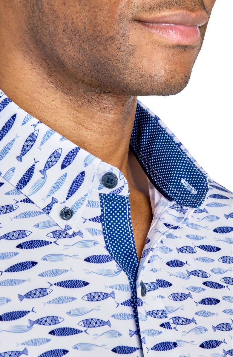 CONSTRUCT Fish Print Short Sleeve Stretch Button-Down Shirt, Alternate, color, White/Blue