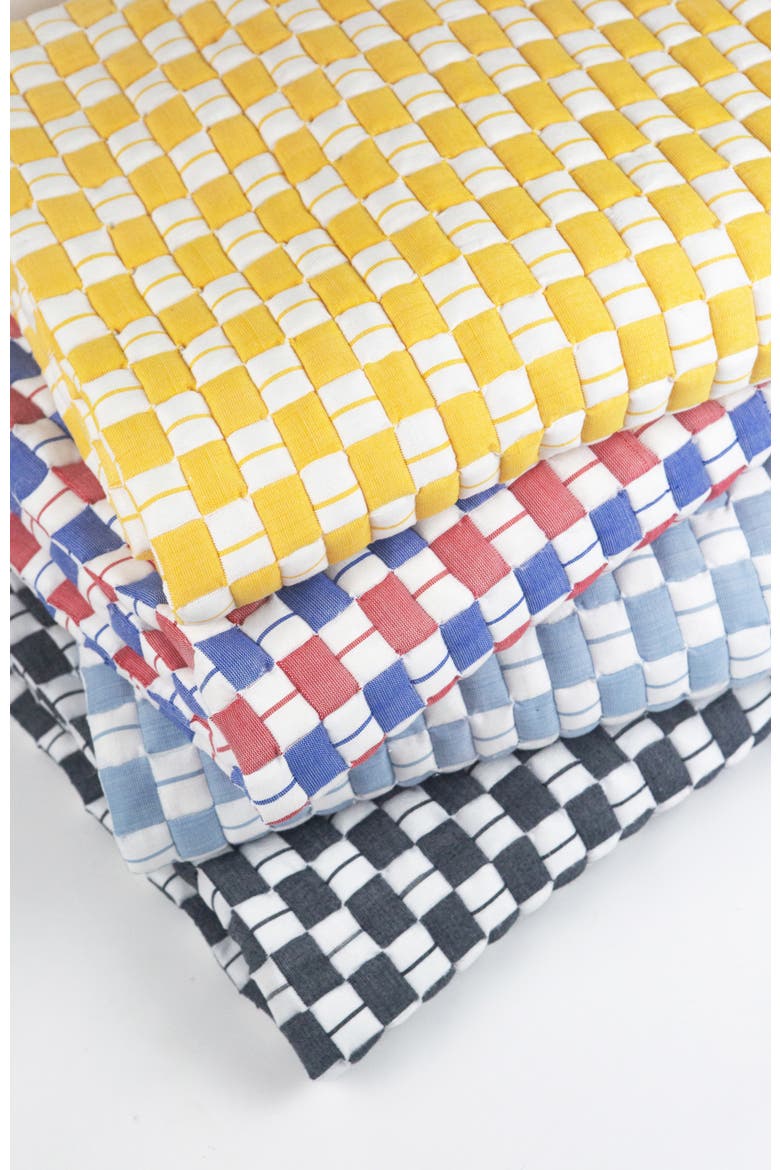 Suzani Quilted Handwoven Checkered Cotton Throw Blanket, Alternate, color, Soft Black and Ivory