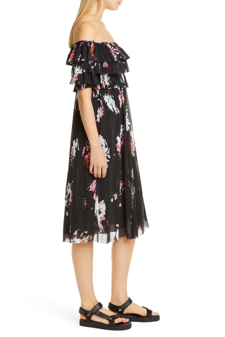 Ruffle Floral Print Off the Shoulder Tulle Dress, Alternate, color, NERO