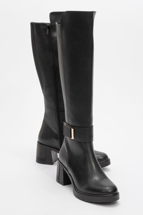 Moreni Stretch Buckle Block Heel Knee High Boot