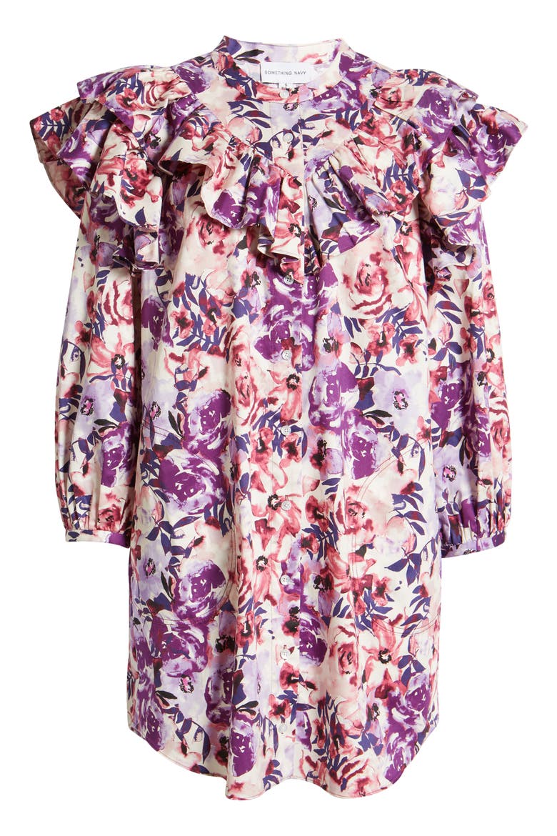 Floral Print Ruffle Shift Dress, Alternate, color, PURPLE COMBO