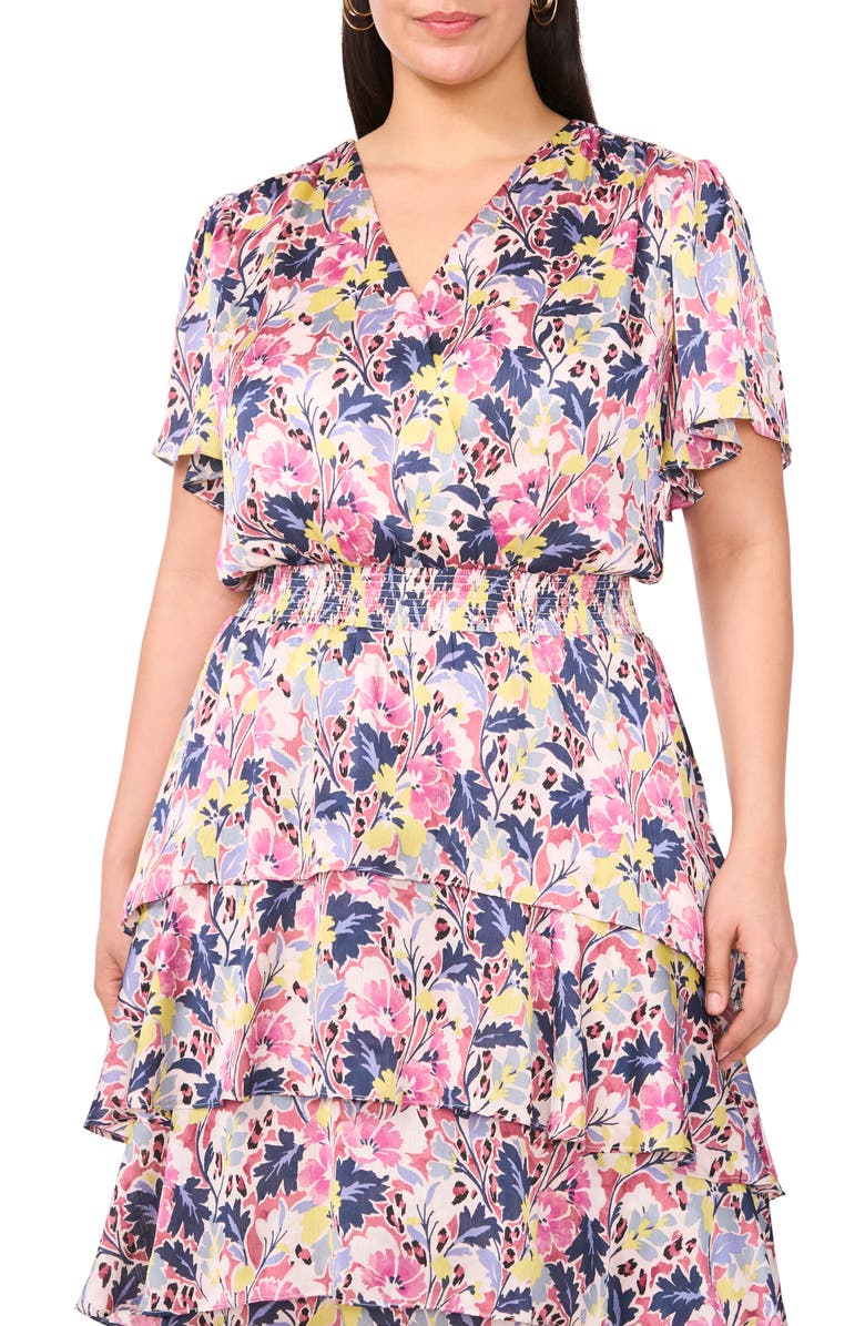 Vince Camuto Floral Flutter Sleeve Tiered Satin Midi Dress, Alternate, color, Violet Blush