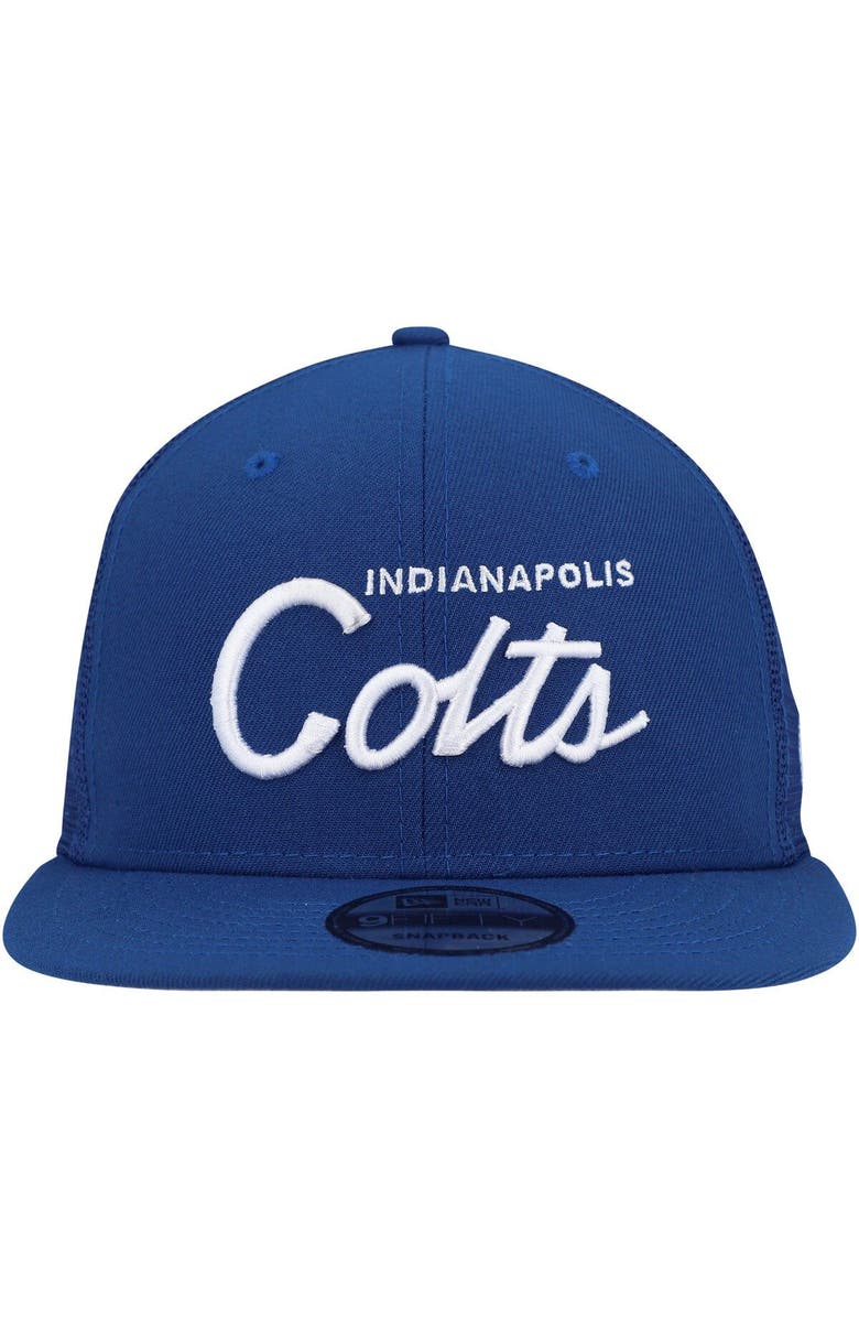 New Era Men's New Era Royal Indianapolis Colts Script 9FIFTY Trucker Snapback Hat, Alternate, color, 