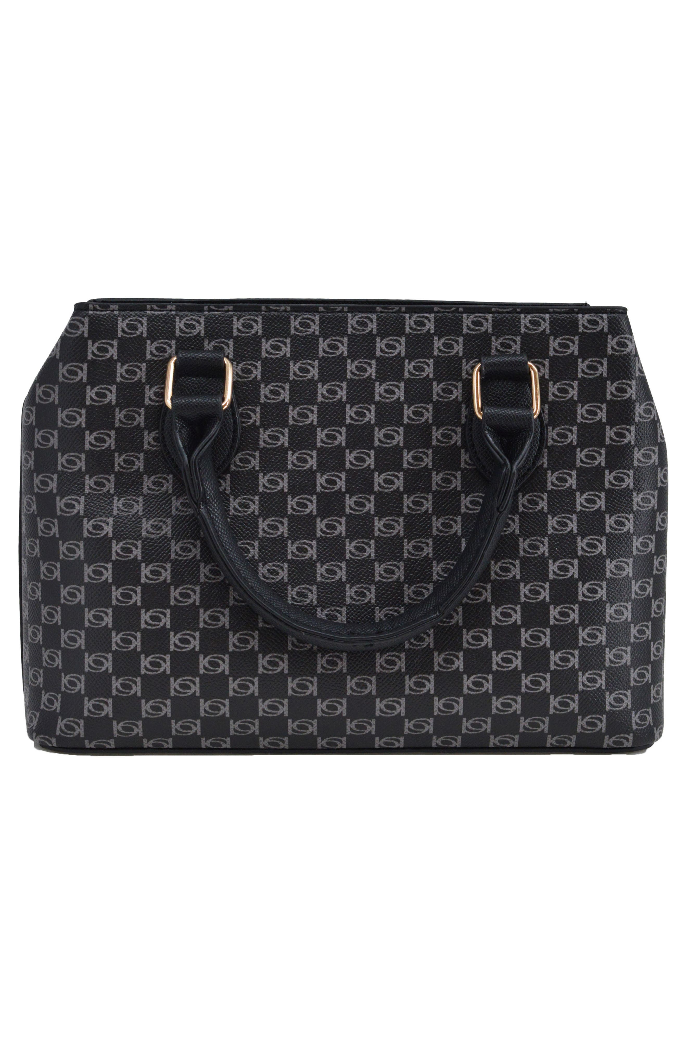 bebe Adela Small Monogram Satchel with Wallet, Alternate, color, Black