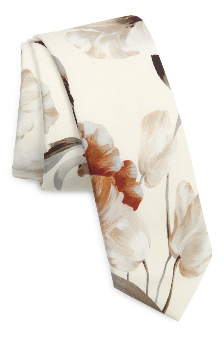 Tulip Print Cotton Tie, Main, color, HA5BW TULIPANI FDO LATTE