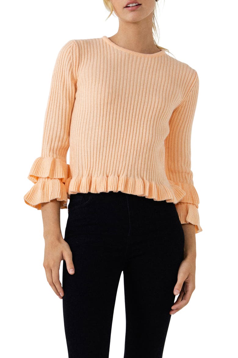 Rib Ruffle Edge Sweater, Main, color, PINK