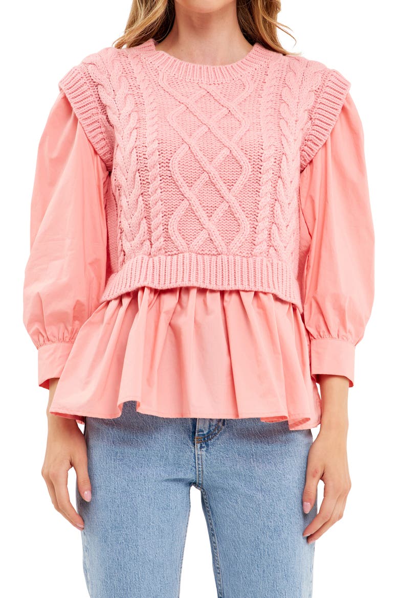 Mixed Media Cable Sweater, Alternate, color, PINK