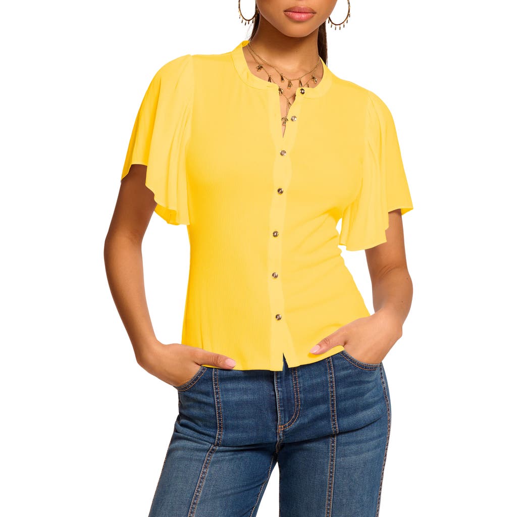 Shop Ramy Brook Colette Mixed Media Flutter Sleeve Top In Lemon Drop