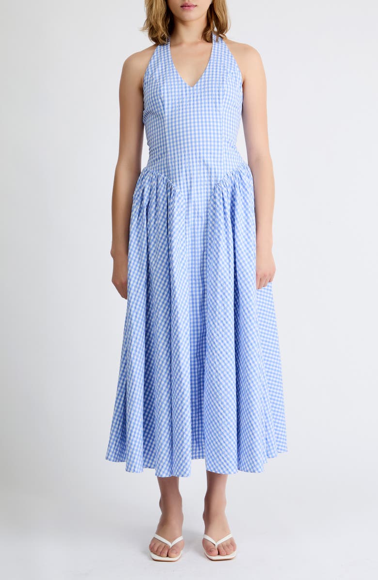 Extro & Vert Elodie Gingham Halter Midi Dress, Main, color, Blue Gingham