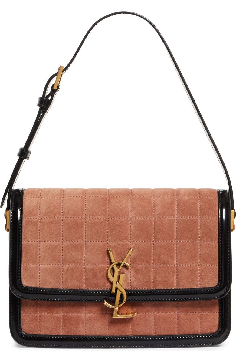 Saint Laurent Medium Solferino Suede Shoulder Bag, Main, color, Peach Flower/ Noir