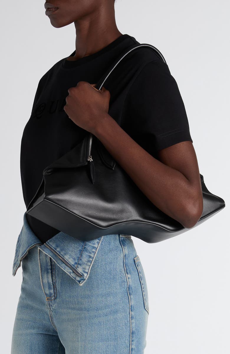 McQueen Small Manta Leather Handbag, Alternate, color, Black/ Silver