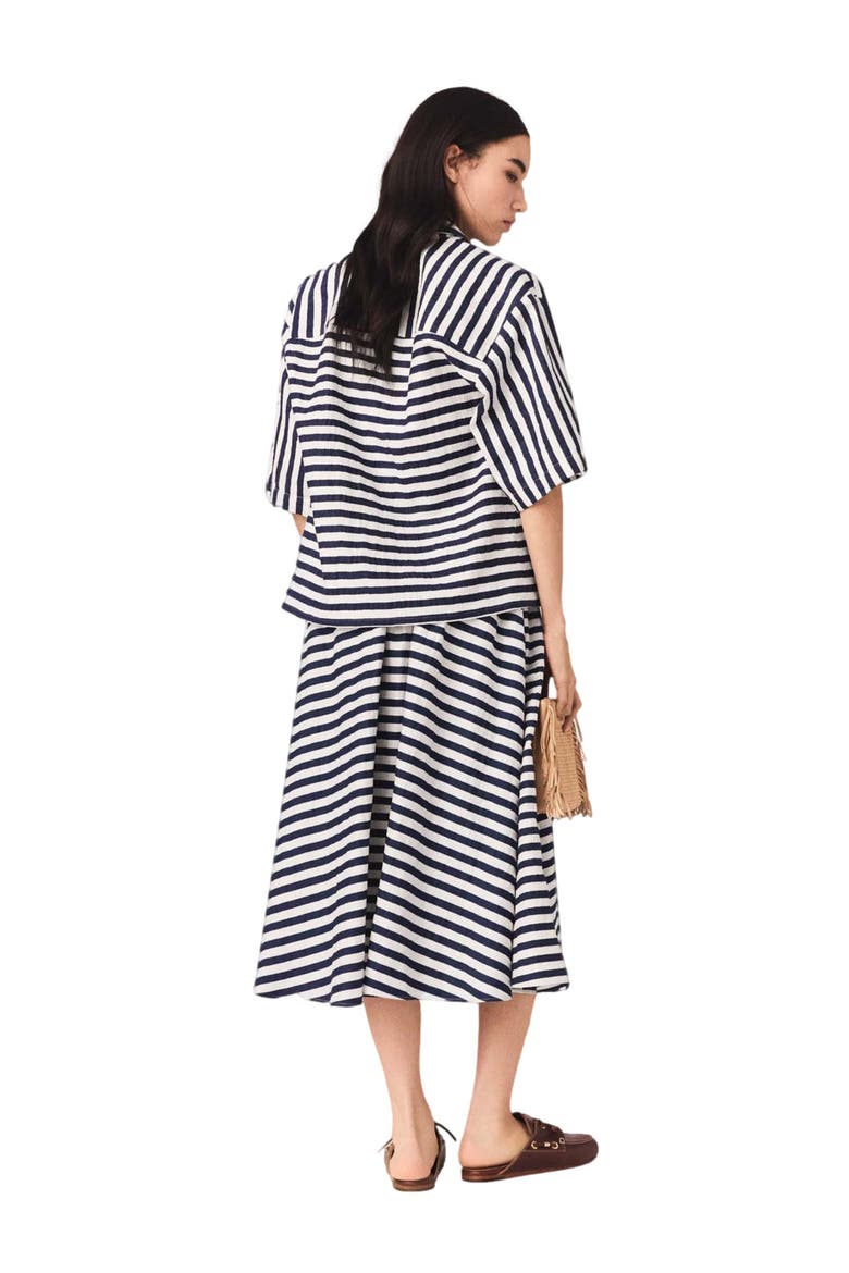 Linen-blend midi skirt, Alternate, color, White/blue
