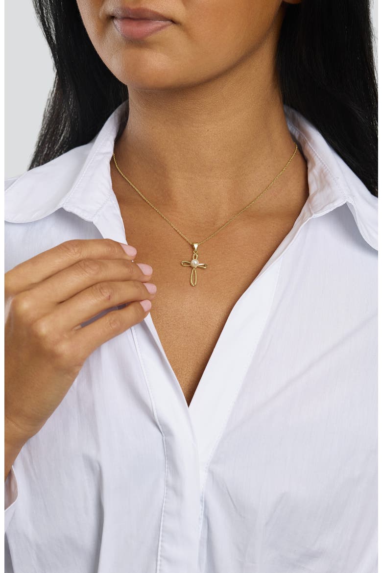 Faux Pearl Cross Pendant Necklace, Alternate, color, GOLD