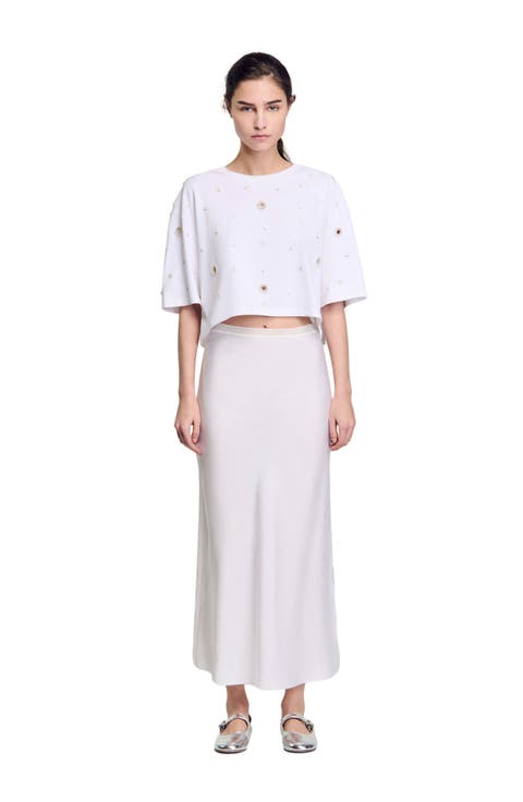 Cropped pearl bead T-shirt