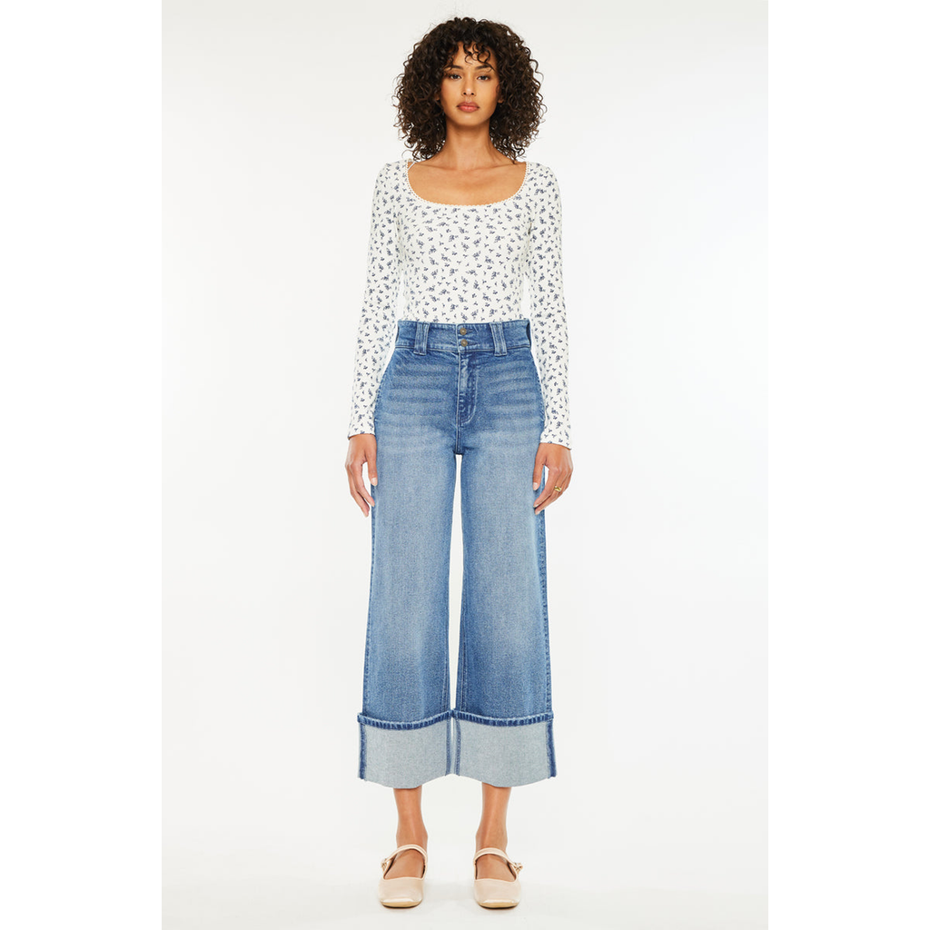 Kancan Irna 90's Cropped Wide Leg Jeans In Dark Wash