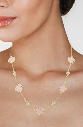 Clover Stone & CZ Station Chain Necklace