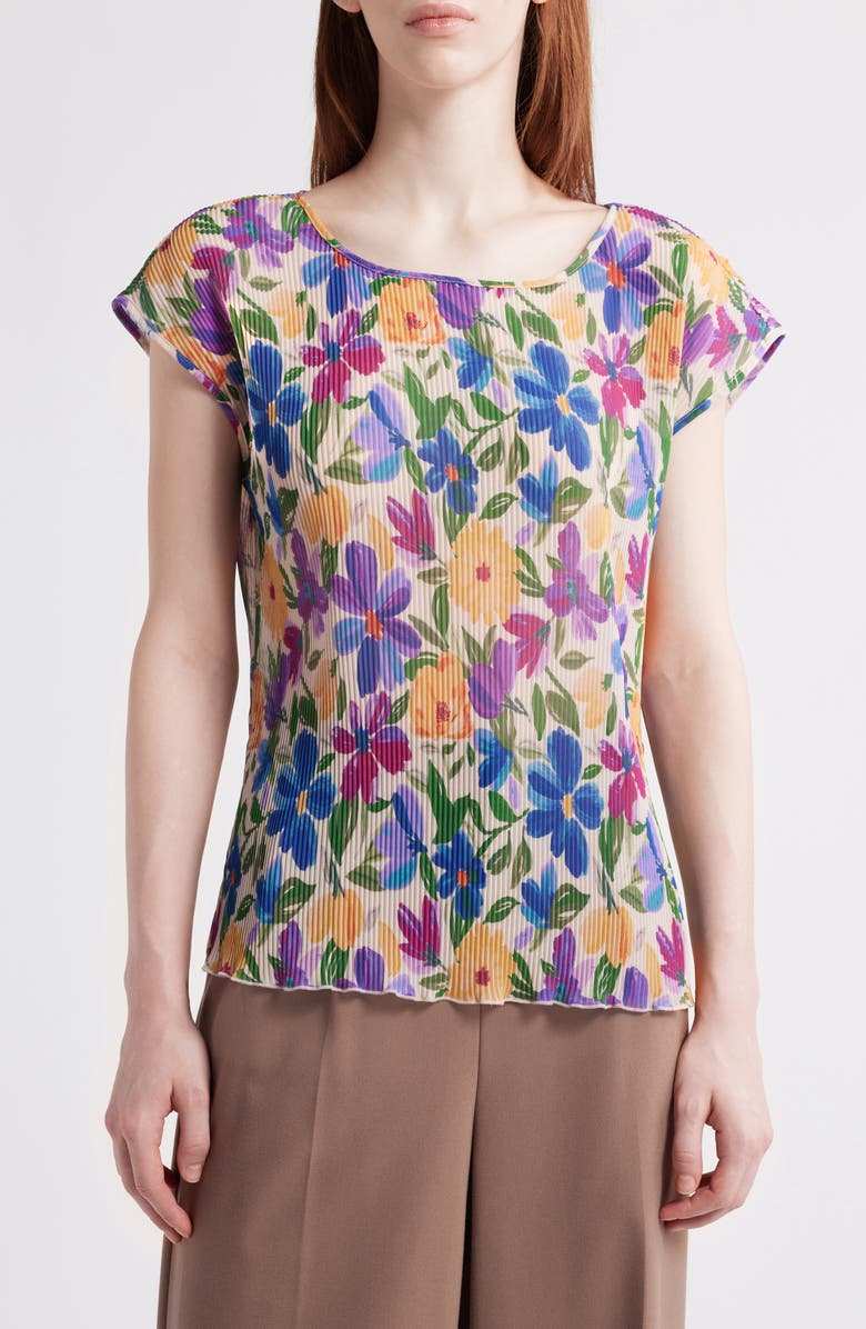 Tahari ASL Floral Plissé Cap Sleeve Top, Main, color, Sand Jungle