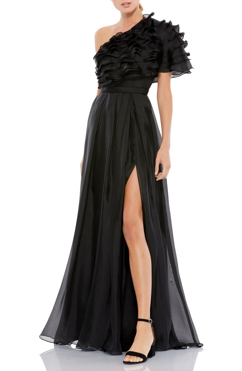Mac Duggal Ruffle Layered One Shoulder Gown, Main, color, Black