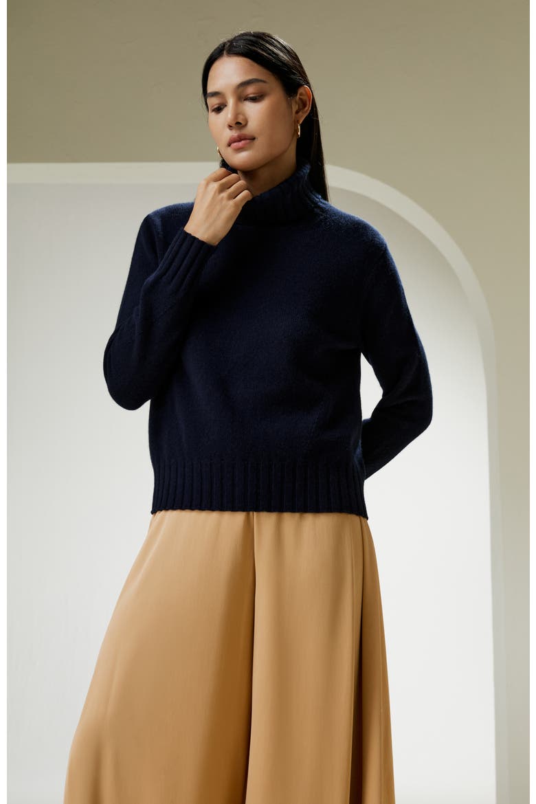 Women's Turtleneck Sweater with Rib Hemline, Alternate, color, Navy Blue