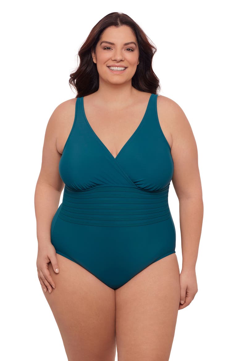Plus Size V-Neck Surplice Trim Overlay Full Coverage One-Piece Swimsuit, Main, color, Lagoon