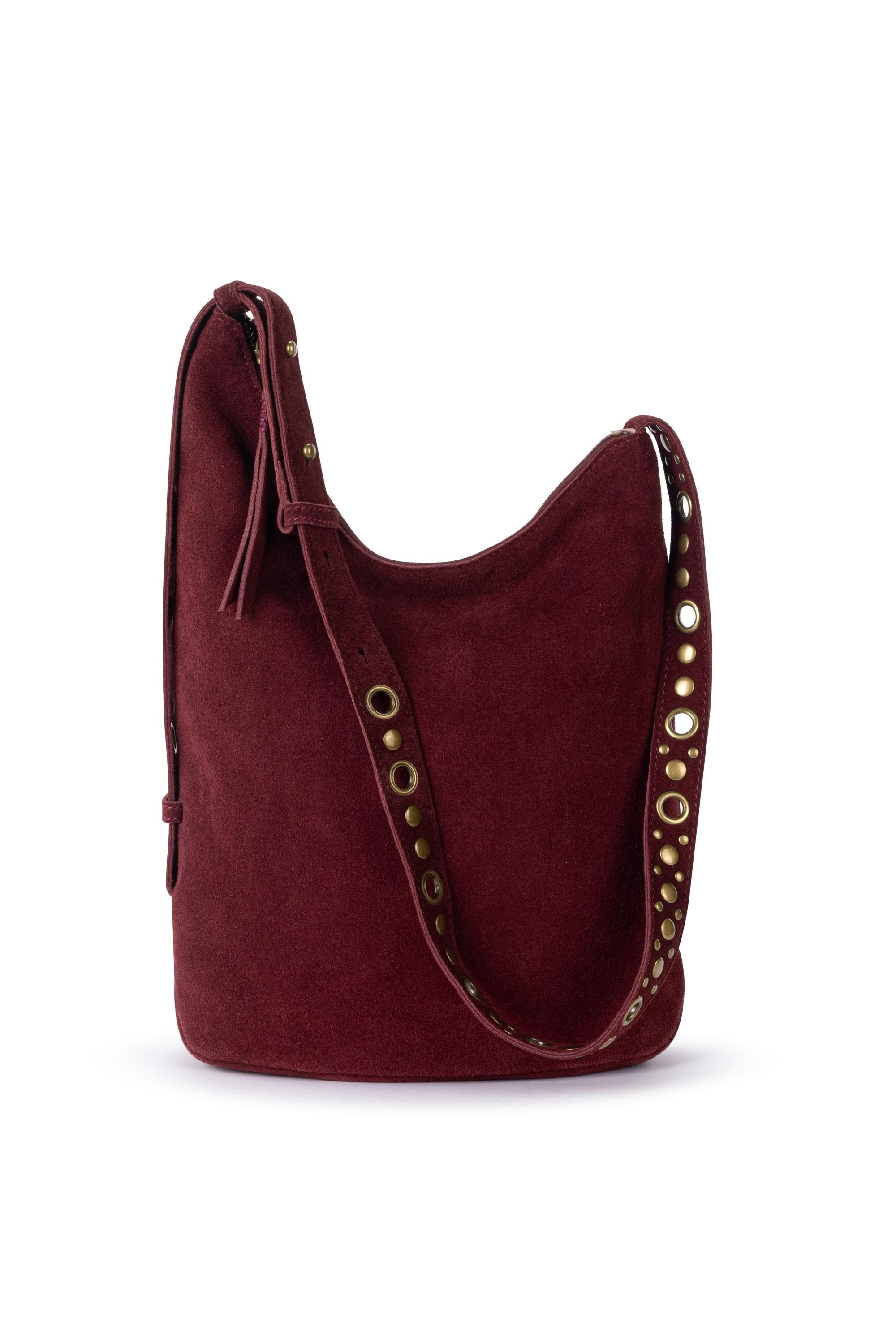 Tess Asymetrical Leather Bucket, Alternate, color, Black Cherry Suede Belt