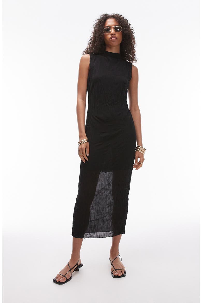 Crinkle Funnel Neck Midi Dress, Main, color, BLACK