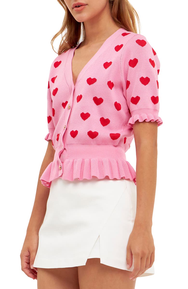 English Factory Puff Sleeve Heart Cardigan, Alternate, color, Pink/ Red