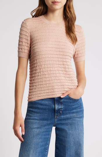 Frame Smocked Short-sleeve Sweater Top In Pink