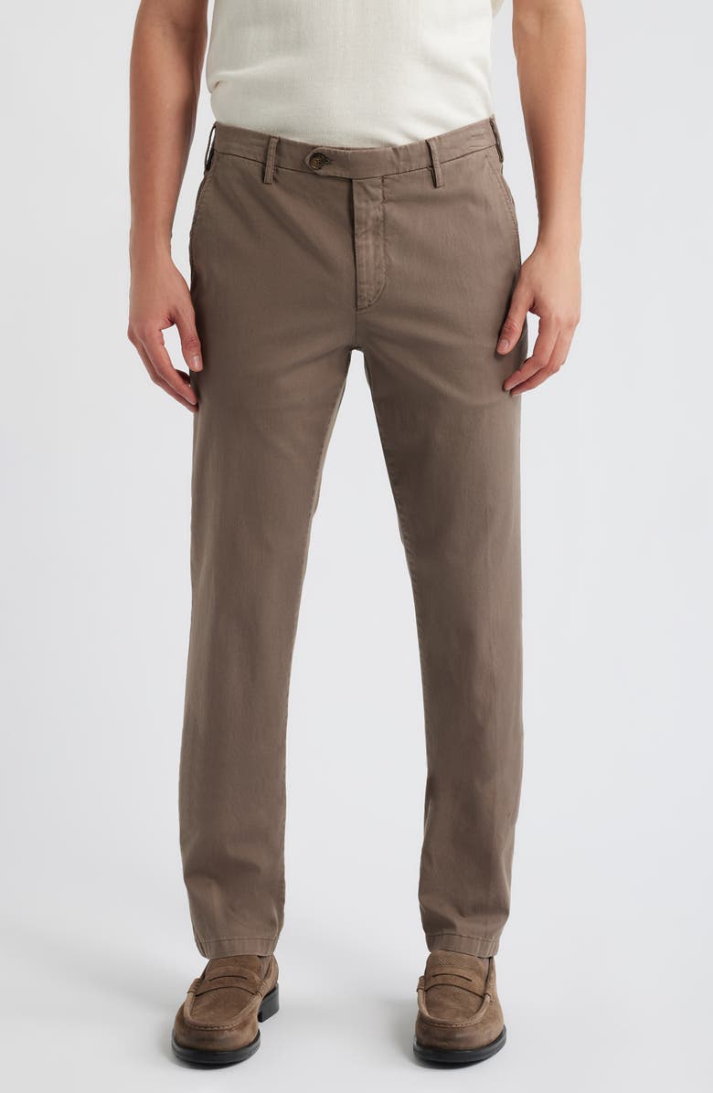 Canali Flat Front Stretch Cotton Blend Gabardine Chinos, Main, color, Brown