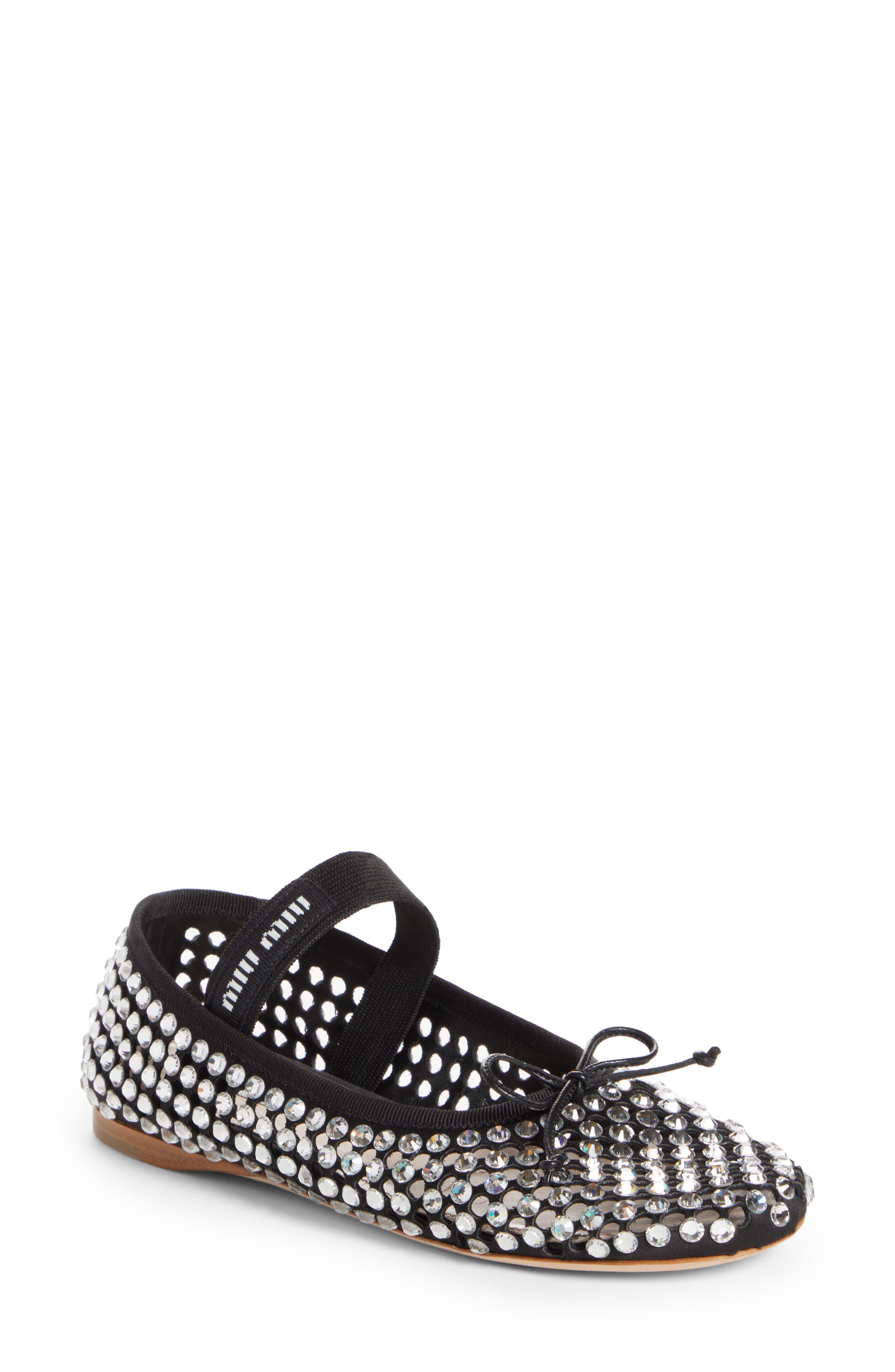Miu Miu Crystal Embellished Fishnet Mary Jane Ballet Flat, Main, color, 