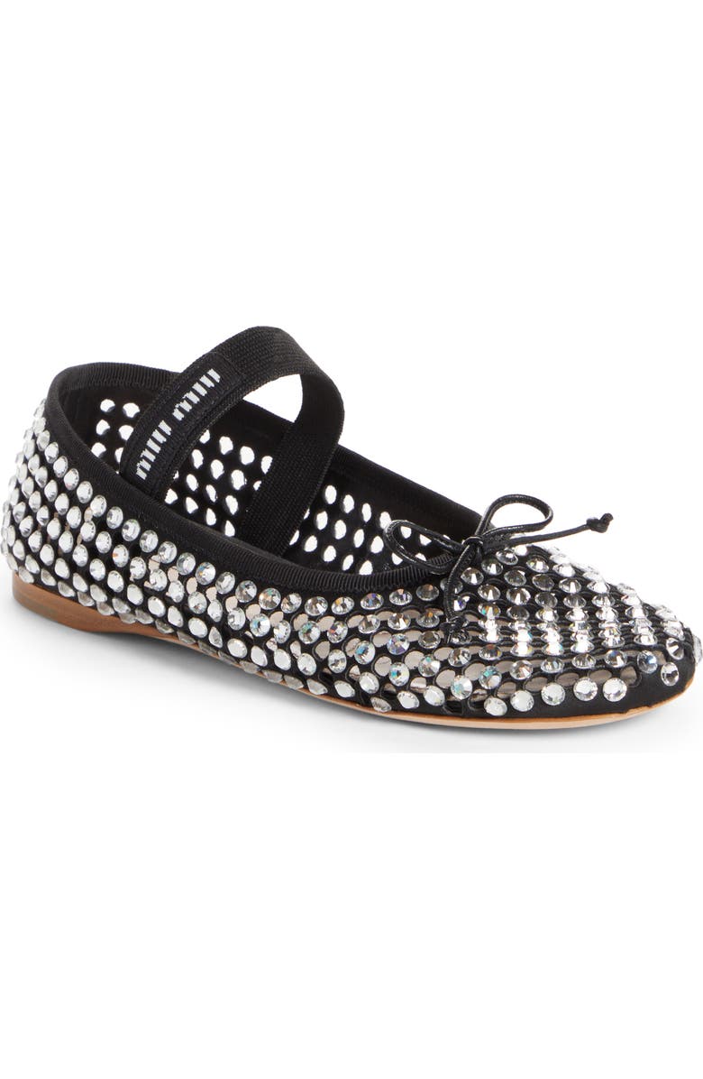 Miu Miu Crystal Embellished Fishnet Mary Jane Ballet Flat, Main, color,