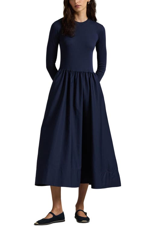 Polo Ralph Lauren Mixed Media Long Sleeve Cotton Dress In Blue