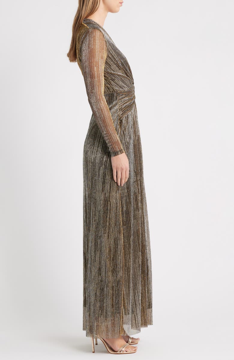 Anne Klein Twist Front Metallic Long Sleeve Maxi Dress, Alternate, color, Gold/ Anne Black