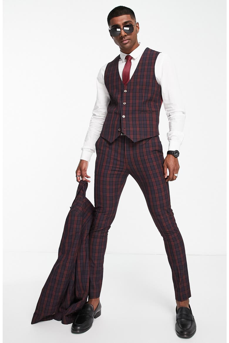 Plaid Super Skinny Waistcoat, Alternate, color, BURGUNDY