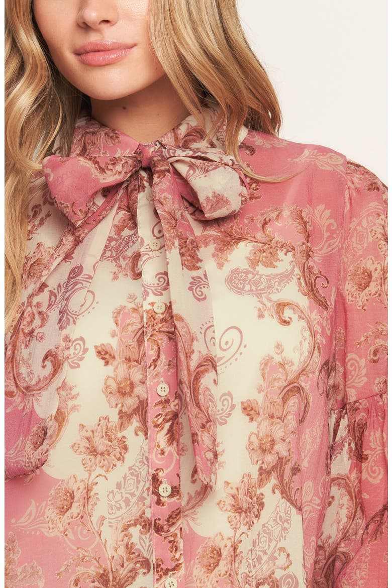 Floral Tie Neck Long Sleeve Button-Up Shirt, Alternate, color, IVORY PINK