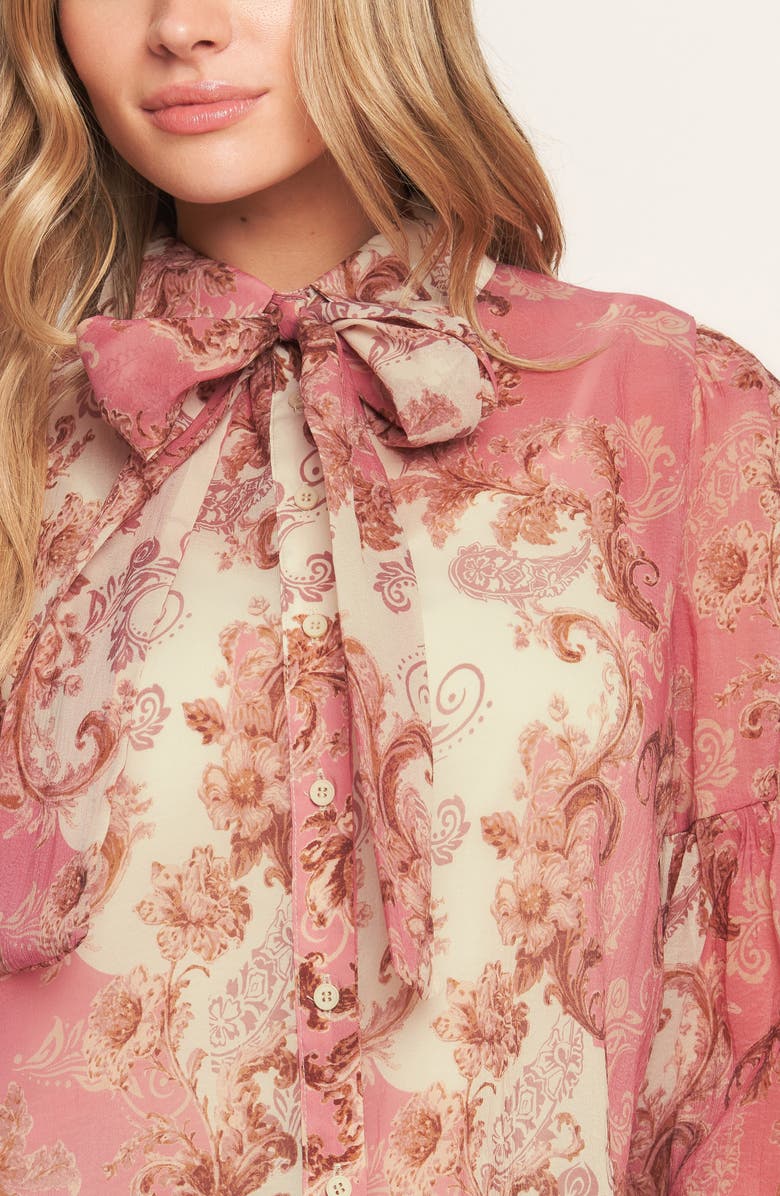 FLYING TOMATO Floral Tie Neck Long Sleeve Button-Up Shirt, Alternate, color, Ivory Pink