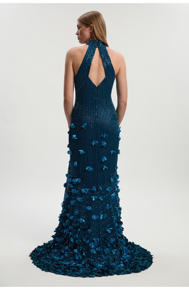 Karen Millen Petite Woven Maxi Rosette Dress, Alternate, color, Teal