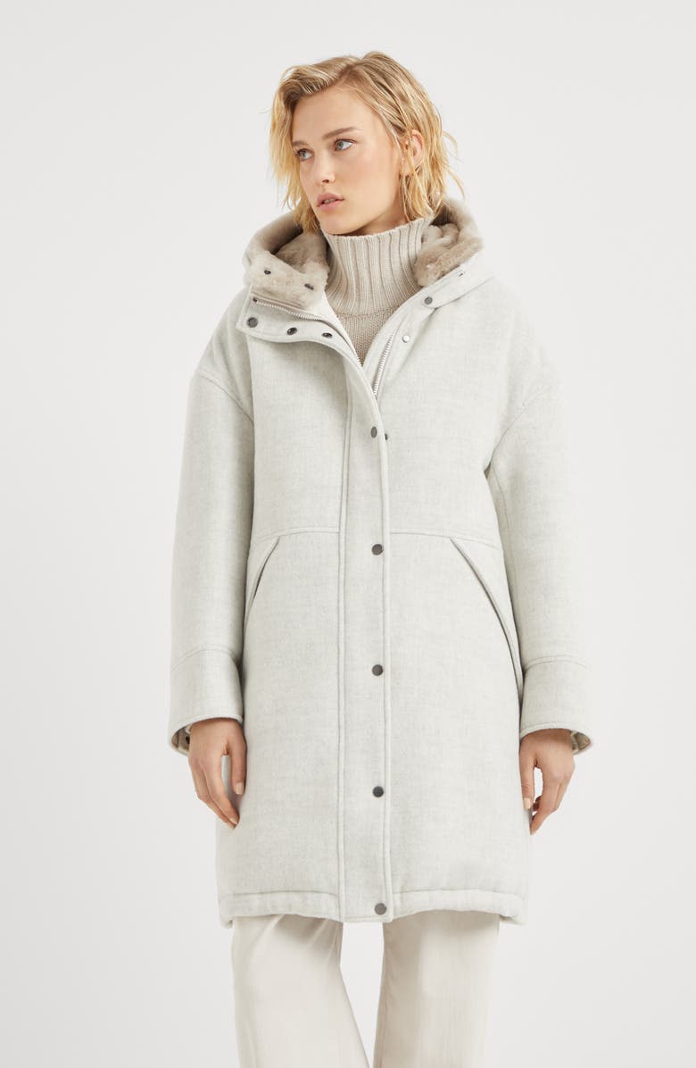 Brunello Cucinelli Virgin wool and cashmere double cloth down parka with detachable shearling insert and shiny zipper pull, Alternate, color, 