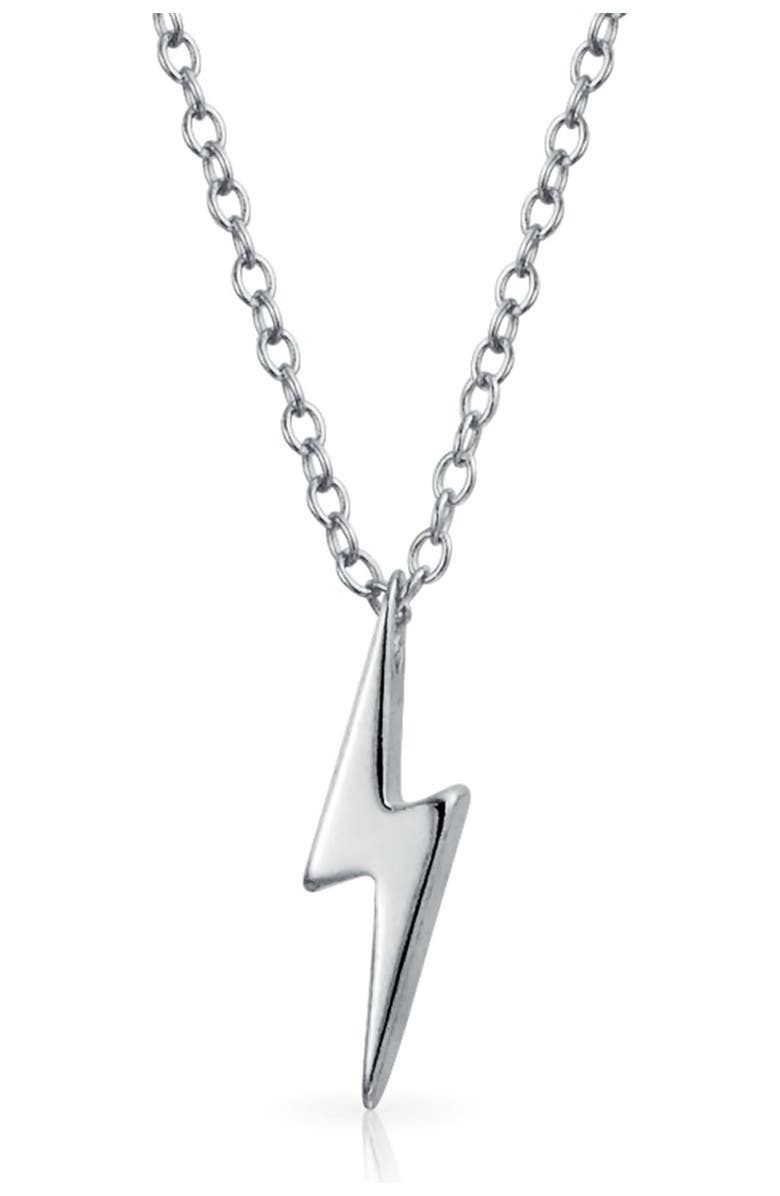 BLING JEWELRY Sterling Silver Minimalist Lightning Bolt Pendant Necklace, Main, color, 
