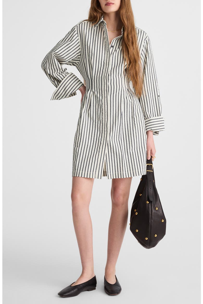 Striped Tucked Mini Shirtdress, Main, color, GREY VARIEGATED STRIPE
