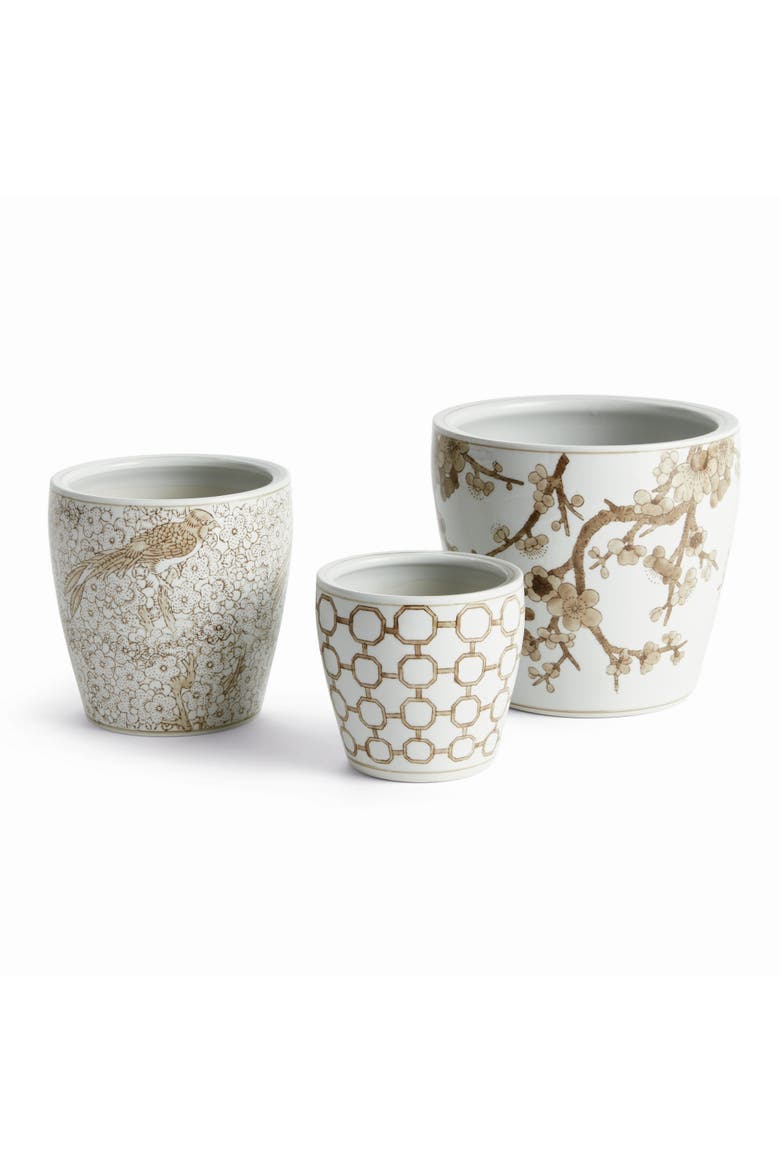 Brown & White Chinoiserie Province Flower Pots, Set of 3, Main, color, Brown