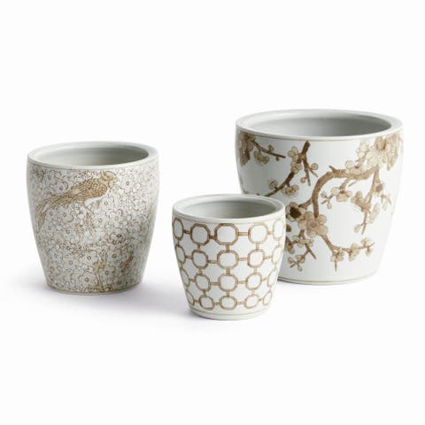 Brown & White Chinoiserie Province Flower Pots, Set of 3