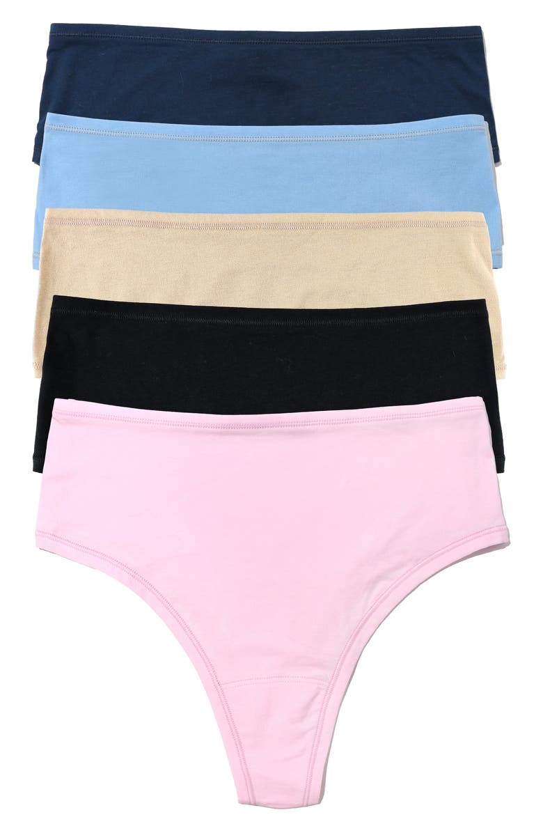 Hanky Panky PlayStretch<sup>™</sup> Assorted 5-Pack High Rise Thongs, Main, color, Black/Chai//Meadow/Cloud