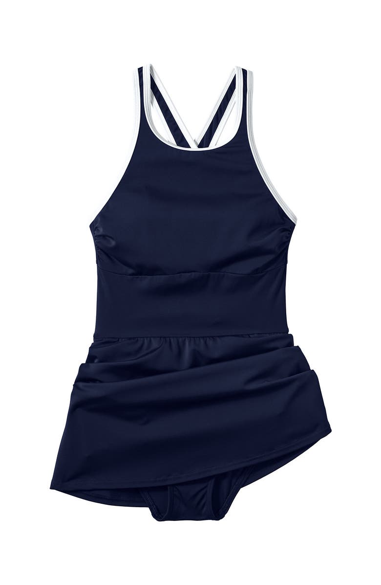 Lands' End DD-Cup Tugless High Neck Swim Dress Swimsuit, Alternate, color, Deep Sea Navy/White