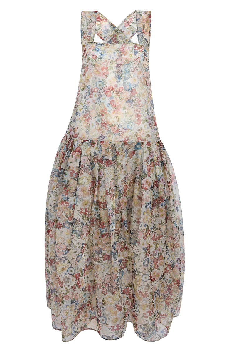 Khaite Amello Floral Drop Waist Silk Organza Pinafore Dress, Alternate, color, Cream Multi