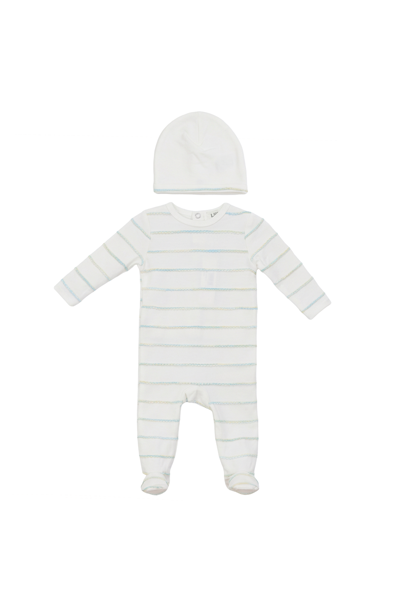 Lux Baby Raised Stripe Snap Front Matching Hat Romper, Main, color, Blue