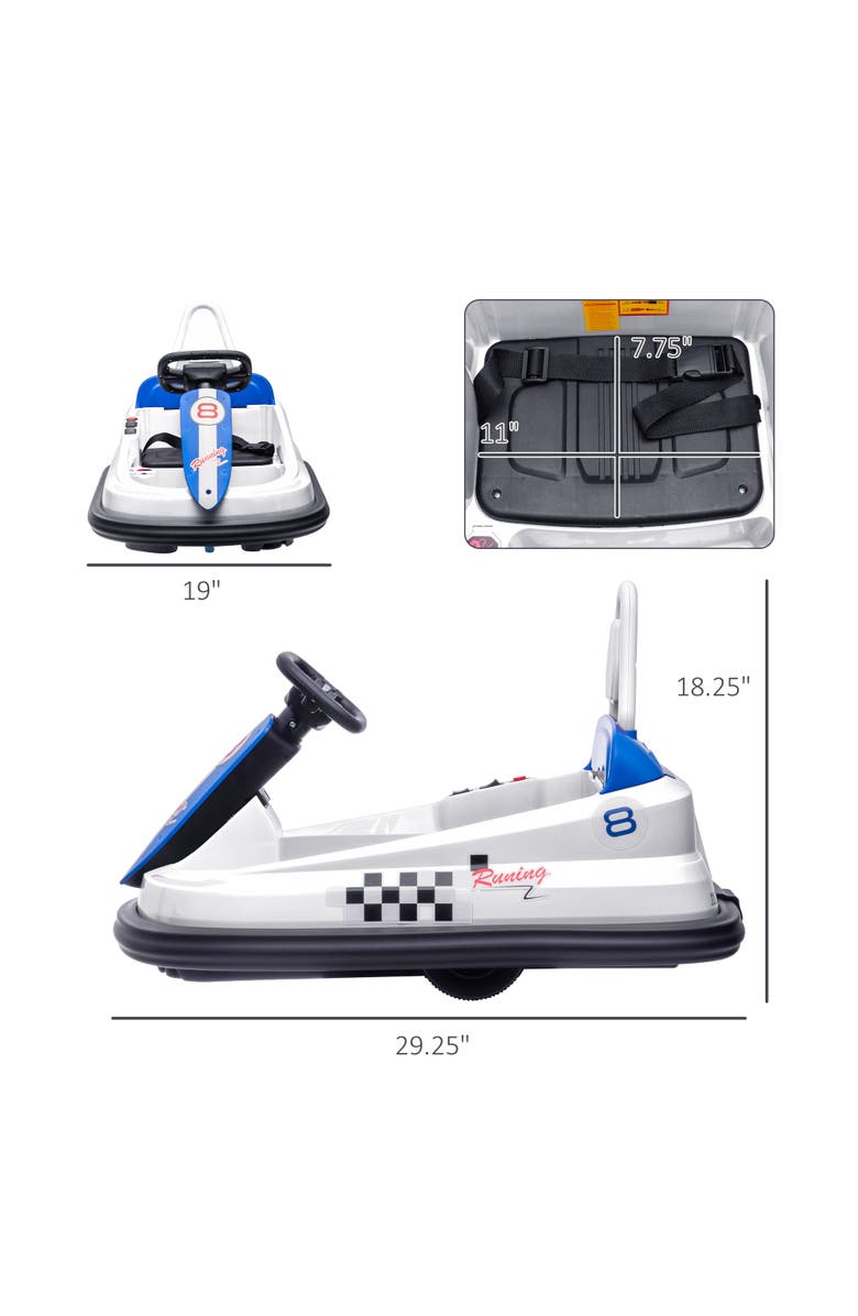 Aosom 6V Kids Bumper Car with 360° Rotation, Twin Motors, Music, Horn, LED, Safety Belt, Alternate, color, White